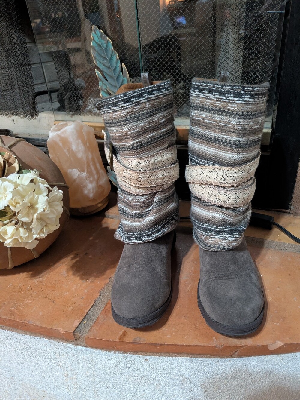 Muk Luks Women's Taupe Suede Slouch Boots with Knit Cuff Size 7